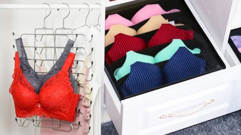 Folding Bras In Drawers, Diy Bra Hanger, Folding Bras To Save Space, How To Fold Bras In Drawer, Diy Bra Storage, Hanging Bra Storage, Diy Bra Organization, Storing Bras, Undergarment Organization