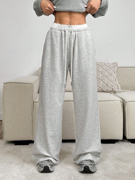 1pc Women's Gray Knitted Drawstring Waist Pockets Wide Leg Loose Casual Sweatpants Grey    Knitted Fabric Plain Straight Leg Medium Stretch  Women Clothing, size features are:Bust: ,Length: ,Sleeve Length: Gray Sweatpants Women, Women’s Joggers, Wide Legged Sweatpants Outfit, Uncuffed Sweatpants, Flowy Sweatpants, Good Sweatpants, Cheap Sweatpants, Nike Sweatpants Women, Light Gray Sweatpants