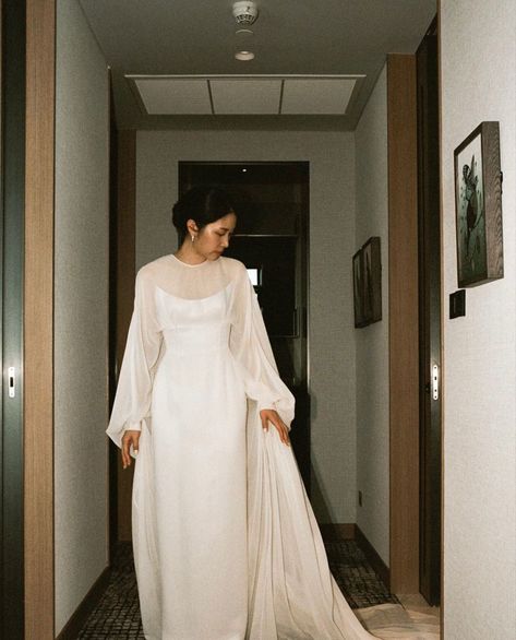 Summer Wedding Dresses With Sleeves, 1970s Inspired Wedding Dress, Wedding Dress Ceremony To Reception, Retro Inspired Wedding Dresses, Anthropology Wedding Dress, Vintage Wedding Dress Long Sleeve, Ribbon Wedding Dress, Feminine Wedding Dress, Dc Elopement