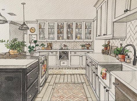 Cafe Drawing Interior, Kitchen In Perspective, Kitchen Drawing Reference, Kitchen One Point Perspective, Kitchen Design Sketch, Kitchen Perspective Drawing, Interior Design Kitchen Drawing, Kitchen Drawing Sketch, Restaurant Perspective