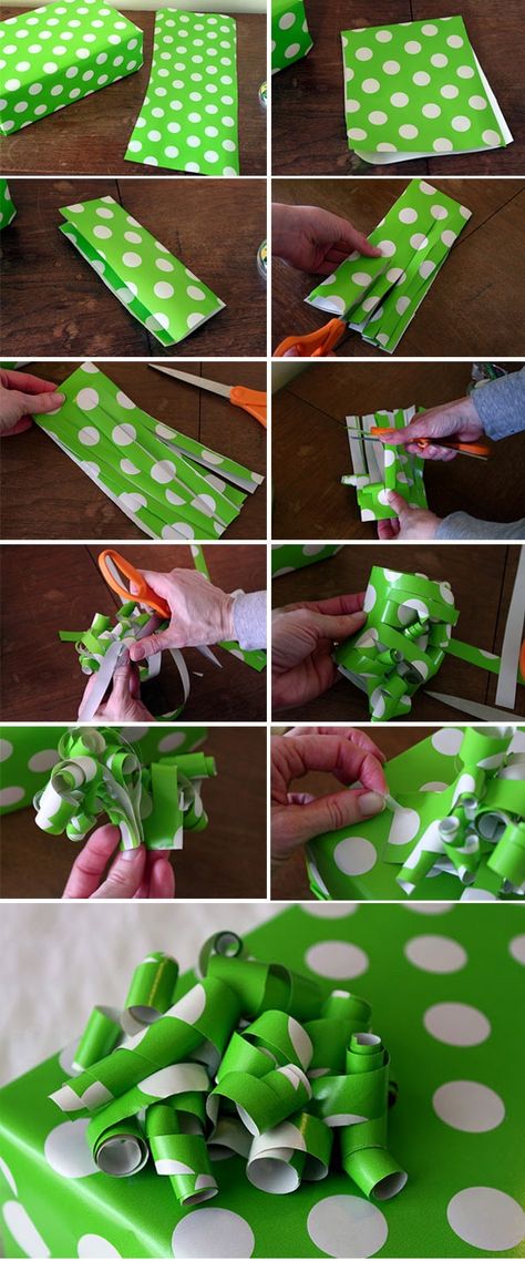 Top 10 DIY Gift Projects-wrapping paper bow  awesome way to use the random/awkwardly shaped leftover piece of paper! Wrapping Paper Bows, Simpul Pita, Ge Bort, Paper Bow, Cadeau Diy, Noel Christmas, Crafty Craft, Green And White, Creative Gifts