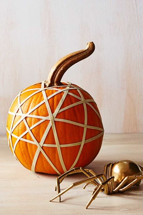 Need a last-minute pumpkin decoration? Just wrap rubber bands around a small pumpkin to create a spider-web look. Easy Painted Pumpkins, Pumpkins Carving, Pumpkin Painting Party, Creative Pumpkin Painting, Oh My Gourd, No Carve Pumpkin Decorating, Halloween Pumpkin Designs, Halloween Pumpkins Painted, Pumpkin Painting Ideas