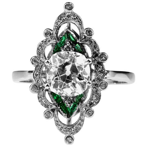 Antique Edwardian Old Cushion Cut Diamond 1.95 Carat and Emerald Platinum Ring Diamond And Emerald Ring, Edwardian Diamond Ring, Edwardian Engagement Ring, Edwardian Ring, Edwardian Jewelry, Platinum Diamond Engagement Rings, Cushion Cut Diamond, Platinum Diamond Rings, Modern Engagement Rings