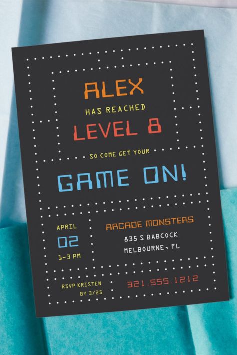 Retro Arcade Game Kids Birthday Party Invitation
These awesome gamer theme birthday party invitations with a vintage arcade game vibe feature retro lettering on a dark gray and white dot matrix grid #happybirthday #birthdaycards #birthdayparty #gaminginvitation #gaming #retrogaming #arcade #gamingcontroller #pacman Masquerade Party Invitations, Arcade Retro, Vintage Arcade, Retro Arcade Games, Birthday Party Design, Retro Birthday, Boy Birthday Invitations, Kids Birthday Party Invitations, Retro Arcade