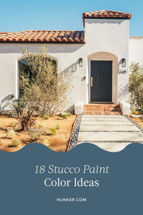 Still not sure what colors would be best for your traditional stucco home? Scroll on for our favorite color combinations and paint suggestions. #hunkerhome #stucco #stuccopaint #stuccopaintideas White Exterior Paint Colors Stucco, Neutral House Colors Exterior Stucco, Coastal Stucco Exterior Colors, Stucco House Paint Exterior, Exterior Paint Colors For Concrete House, Exterior Paint For Stucco House Ideas, House Exterior Colors Schemes Florida, Stucco Colors For Houses, Cream Colored Stucco House