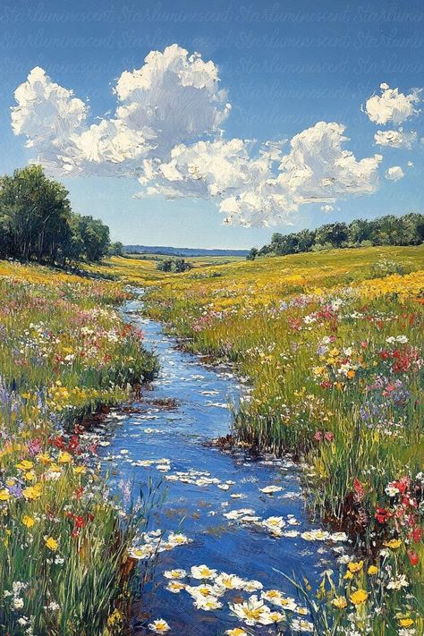 "Tranquil Waters" is a serene oil painting that beautifully captures the peaceful harmony of nature on a bright sunny day. The painting features a lush green field that gently slopes down to meet a calm, meandering river. The vivid greens of the grass contrast with the clear blue sky above, where soft, white clouds float lazily. The river reflects the sky's brilliant hues, creating a mirror-like surface that enhances the sense of tranquility. The sunlight bathes the entire scene in a warm, golde River And Trees Painting, Sky And Grass Painting, Meadow With Stream, Winding River Painting, Landscapes With Water, Clear Water Painting, Sunny Sky Painting, River Oil Painting, Bright Landscape Painting