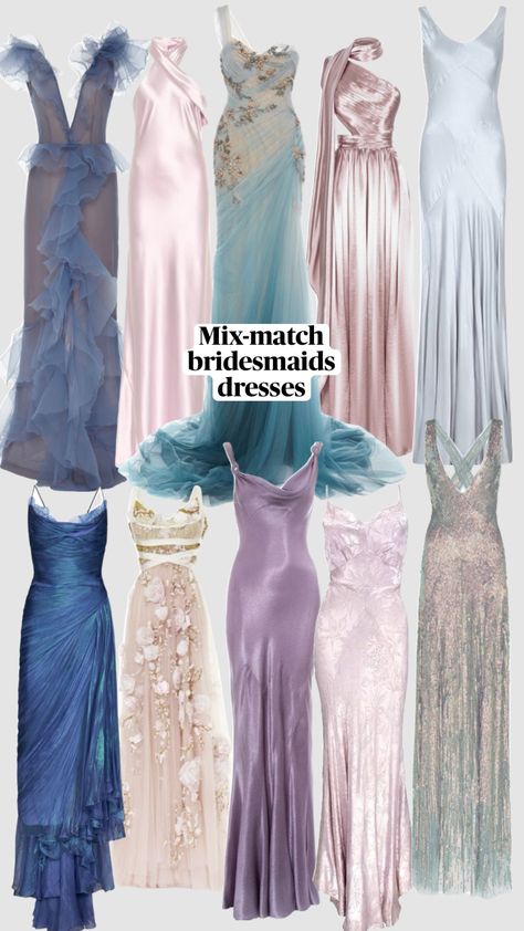 Mix-match bridesmaids dresses #bridesmaids #weddinginspo Bridesmaid Dress Color Schemes, Mix Match Bridesmaids, Dream Prom Dress, Bridesmaid Dress Colors, Prom Dress Inspiration, Cute Prom Dresses, Wedding Attire Guest, Fantasy Dress, Gowns Of Elegance