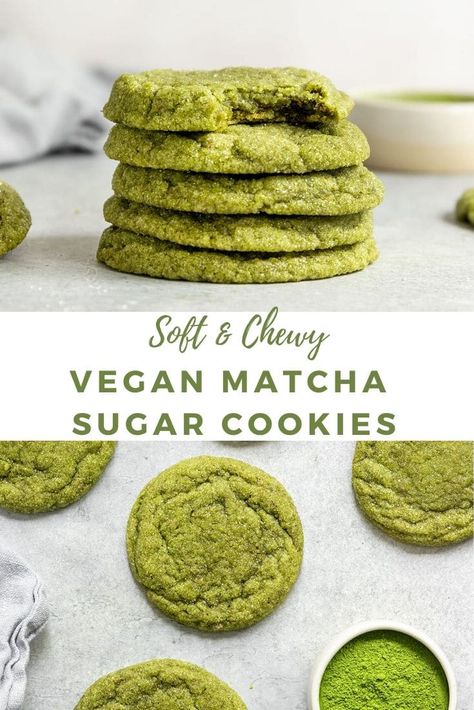 The best Vegan Matcha Sugar Cookies that are so soft & chewy! These easy green tea matcha cookies are made with only 8 ingredients & make for the perfect vegan cookie that is dairy-free, eggless, and SO delicious. Truly one of my favorite vegan matcha dessert recipes! #matchacookies #vegancookies #matchasugarcookies Matcha Sugar Cookies, Matcha Dessert Recipes, Healthy Vegan Dessert, Patisserie Vegan, Green Tea Matcha, Matcha Dessert, Matcha Cookies, Vegan Cookie, Vegan Baking Recipes