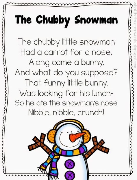 Shared Reading of Poem, "A Chubby Snowman" & Writing Response (from What the Teacher Wants) Snowman Poem, Shared Reading Activities, Shared Reading Poems, Kindergarten Poems, Preschool Poems, Winter Poems, Reading Poems, Winter Activities Preschool, Winter Songs