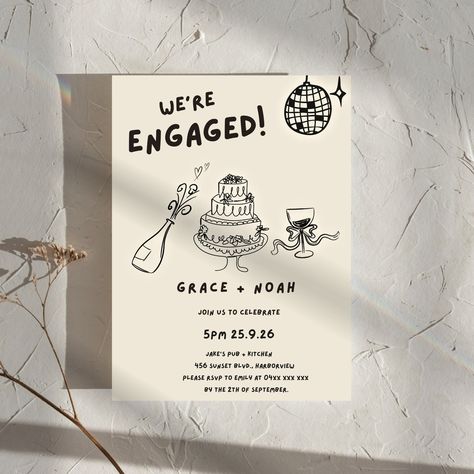 Hand Drawn Engagement Party Invitation Template Scribble Illustration Engagement Invites Handwritten We're Engaged Celebration Party Invite by loveinvitationco on Etsy Whimsical Engagement Party, Summer Engagement Party Themes, Retro Engagement Party, Simple Engagement Party Ideas, Garden Party Engagement, Engagement Party Aesthetic, Engagement Illustration, Engagement Party Theme, Vintage Engagement Party