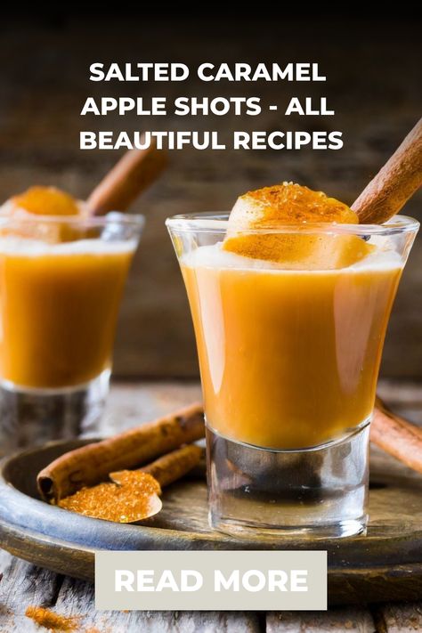 Salted caramel apple shots - All Beautiful Recipes Shots With Caramel Vodka, Mixed Drinks Alcoholic Thanksgiving, Salted Caramel Shots, Autumn Shots Alcohol, Caramel Apple Shots Alcohol, Carmel Apple Shots Recipes, Caramel Apple Pudding Shots, Friendsgiving Shots, Carmel Apple Cocktail Recipe