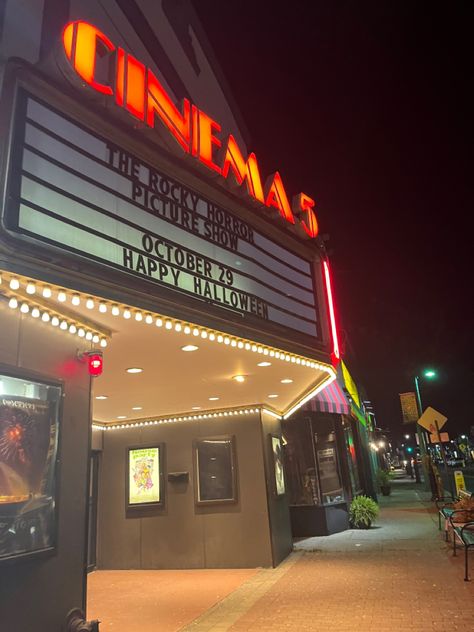 Movie Theatre Exterior, Neon Movie Theater, 80s Cinema Aesthetic, Nightclub Exterior Design, Film Club Aesthetic, Film Studio Aesthetic, Movie Theater Exterior, Vintage Movie Theater Aesthetic, Old Cinema Aesthetic