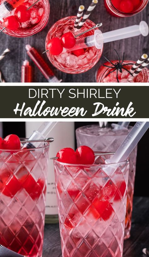 Halloween Shirley Temple Drink, Spooky Shirley Temple, Shirley Temple Cocktail, Syringe Drinks Halloween, Spiked Shirley Temple, Horror Movie Drinks, Halloween Shirley Temple, Shirley Temple Halloween, Halloween Adult Drinks