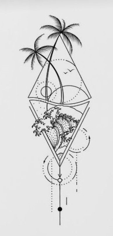 Triangle Palm Tree Tattoo, Triangle Sea Tattoo, Tattoo Ideas Beach Ocean, Mandala Beach Tattoo, Big Ocean Tattoo, Beach Triangle Tattoo, Beachy Sketch Ideas, Bahamian Tattoo Ideas, Guam Tattoo Ideas