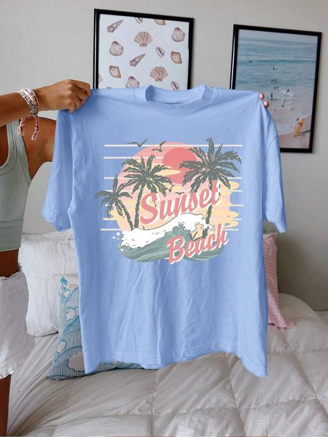 SHEIN EZwear Oversized Women\ T-Shirt With Casual And Concise Palm Tree And Sunset Pattern, Round Neck And Short Sleeves, Super Loose FitI discovered amazing products on SHEIN.com, come check them out! Spring Oufits, Preppy Fits, Baggy Shirt, Bestie Birthday, Oversize Women, Smart Things, Girl Fits, Beach Baby, Birthday Wishlist