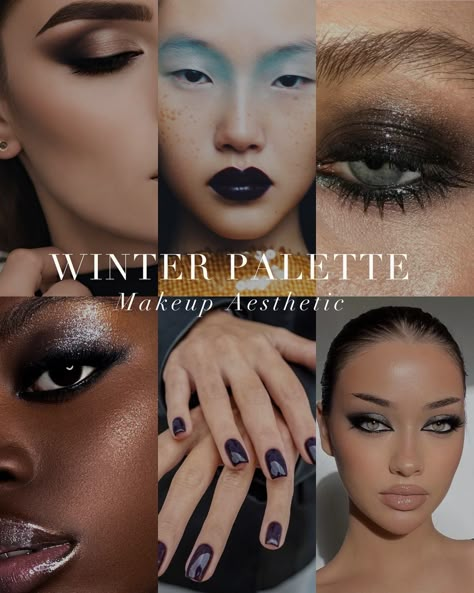 Dark Winter Makeup Palette, Bright Winter Aesthetic, Dark Winter Makeup Looks, Deep Winter Makeup Looks, Bright Winter Makeup, Dark Winter Makeup, Deep Winter Makeup, Winter Eye Makeup, True Winter Makeup