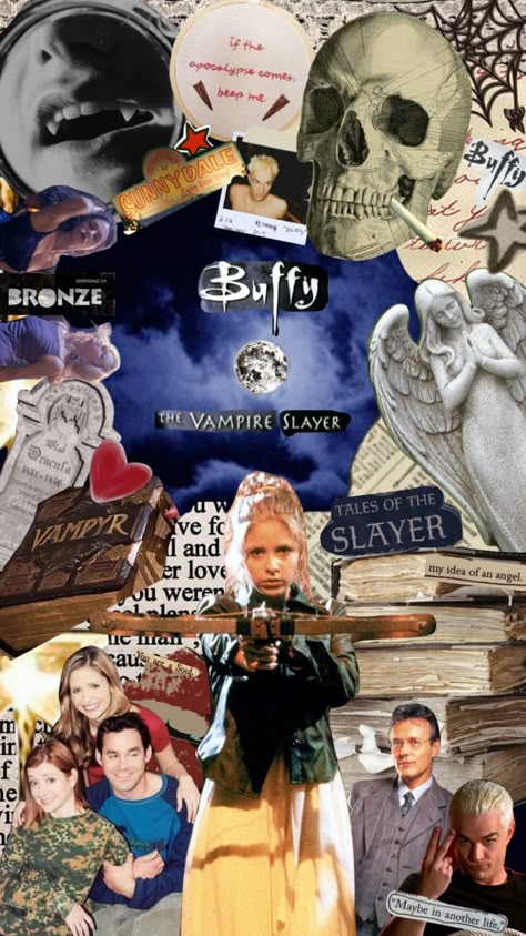 Buffy The Vampire Slayer Collage, Buffy The Vampire Slayer Background, Buffy Wallpaper, Lindsay Core, Buffy The Vampire Slayer Aesthetic, Buffy The Vampire Slayer Wallpaper, Aries Szn, Buffy Characters, Kindle Insert