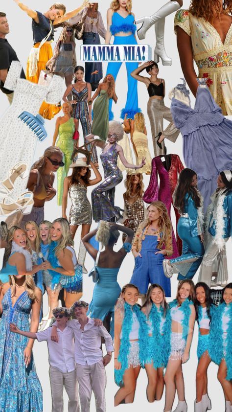 Mamma Mia The Party Outfits, Abba Costume Mamma Mia, Abba Outfit Inspiration, Blue And White Party Outfit, Abba Voyage Outfit Ideas, Mama Mia Costume Ideas, Mamma Mia Party Outfit Ideas, Dress Code Anniversaire, Mamma Mia Aesthetic Outfits Party