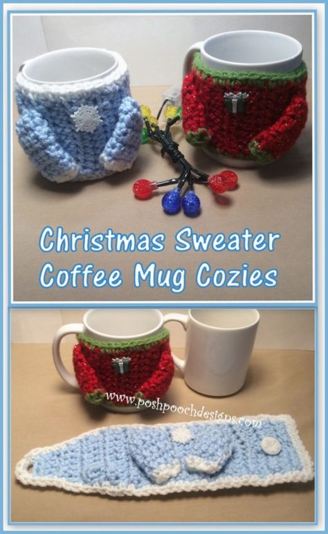 Posh Pooch Designs Dog Clothes: Sweater Coffee Mug Cozie Crochet Pattern and the Croco party! | Posh Pooch Designs Mug Cozies, Crochet Cozies, Cup Cozy Crochet Pattern, Mug Cover, Crochet Mug Cozy, Crochet Mug, Crochet Coffee Cozy, Crocheted Christmas, Bottle Cozies