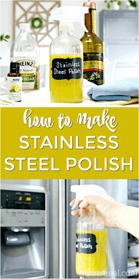 Cleaning stainless steel appliances is easier than you think, and this Homemade Stainless Steel Polish cuts through grease, fingerprints, and smudges while leaving your stainless steel clean and shiny too. The best thing...I'm going to show you how to make your own stainless steel polish and cleaner with only 3 ingredients! Homemade Stainless Steel Cleaner Appliances, How To Polish Stainless Steel, How To Keep Fingerprints Off Stainless Steel Appliances, Diy Stainless Steel Polish, Cleaner For Stainless Steel Appliances, Best Way To Clean Stainless Appliances, Diy Stainless Steel Cleaner Appliances, How To Clean Stainless Steel, How To Clean Stainless Steel Appliances