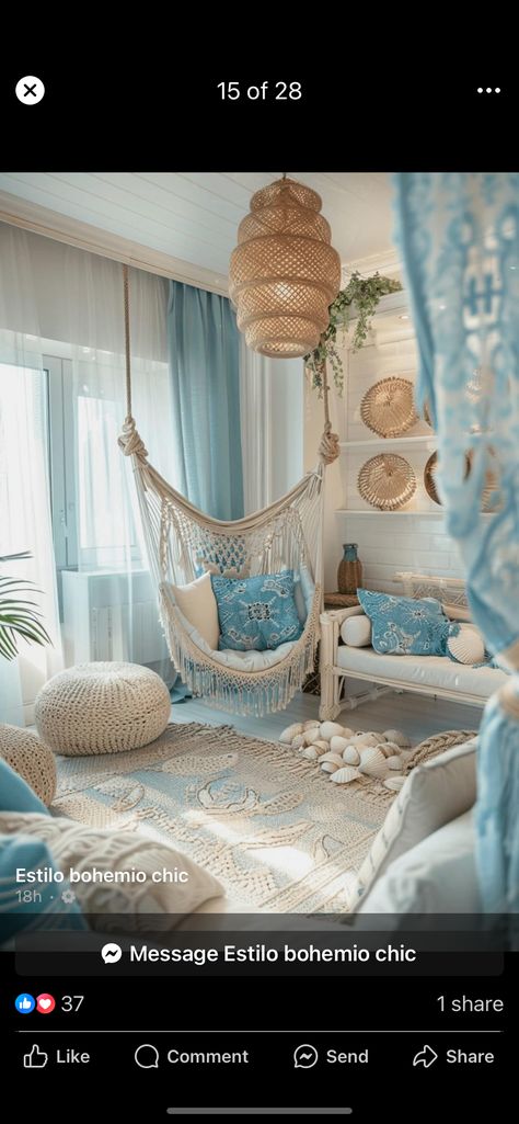 Bedroom In Living Room Ideas Inspiration, Pastel Beach Bedroom, Aquamarine Room Aesthetic, Cloudy Bedroom Aesthetic, Summer Rooms Ideas, Ocean Decor Aesthetic, House Interior Theme Ideas, Beach Bed Rooms, Boho Ocean Bedroom