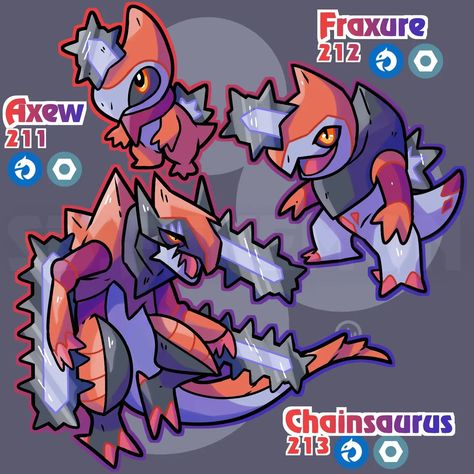 Sb.Fakemon su Instagram: "💥⚙️ Meet the pseudo-legendaries for the Neona region, Axew, Fraxure and Chainsaurus, the chainsaw fakemons! I think the inspiration for…" Pokemon Dex, Kartu Pokemon, Pokemon Fake, Pokemon Sprites, Pokemon Fusion Art, Pokemon Breeds, Pokemon Regions, Pokemon Oc, Pokemon Pokedex