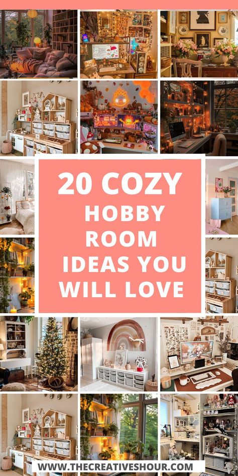 Dive into the world of cozy hobby room transformations with our curated ideas that blend aesthetic design and practicality. Whether you're working with a small space or dreaming of a French country vibe, discover how vintage elements and modern decor can coexist. From a feminine office sanctuary to a general craft haven, get inspired to create a room that reflects your passions. Craft Room Family Room Combo, Craft Room And Office Ideas, Craft Room With Tv, Dining Room To Craft Room, Day Room Ideas Small Spaces, Spare Bedroom Craft Room Ideas, Multi Purpose Craft Room, Cluttered Office Aesthetic, Vintage Craft Room Storage Ideas