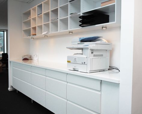 Art Millwork Copy Center Office Design, Office Copy Room Design, Office Printer Station Design, Office Printing Station, Office Printer Station, Printer Station, Mail Station, Printer Storage, Printer Shelf