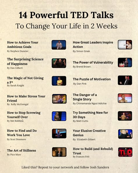 Josh S. on LinkedIn: 14 Powerful TED Talks   To Help Change Your Life Just 2 Weeks:  I’ve put… | 112 comments Ted Talks Motivation, Good Leadership Skills, Best Life Advice, Self Development Books, Ted Talk, Personal Improvement, Self Confidence Tips, Confidence Tips, Skills To Learn