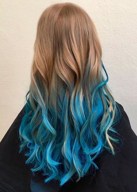 20 Dip Dye Hair Ideas – Delight for All! Blue Hair Color Ideas For Blondes, Light Brown Hair With Blue Highlights, Blue And Brown Hair, Blue Dip Dye Hair, Dye Hair Ideas, Blonde Dip Dye, Kelly Hair, Dipped Hair, Blonde Dye