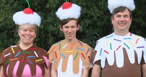 No-Sew Ice Cream Sundae Costume for Three Ice Cream Costume Kids, Ice Cream Sundae Costume, Sundae Costume, Three Person Costumes, Costumes For Three People, Donut Halloween Costume, Ice Cream Costume, Donut Costume, Cookie Costume