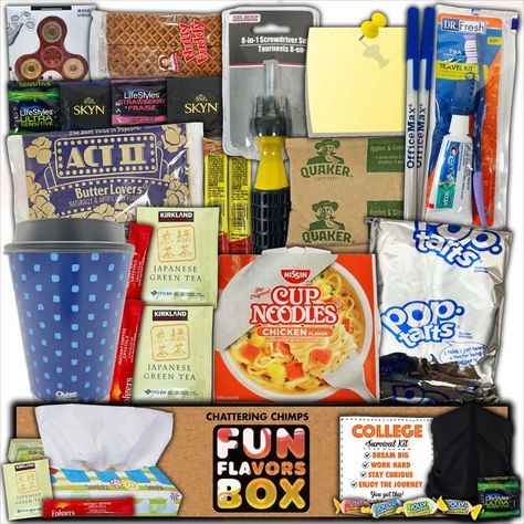 Freshman Survival Kit Snack Box College Care Package Thinking of You Student Self Care Personalized Gift Box Back To College Gift Basket, College Freshman Gift Ideas, Off To College Basket, Student Self Care, College Freshman Survival Kit, Student Survival Kits, Dorm Gifts, College Survival Kit, College Life Hacks