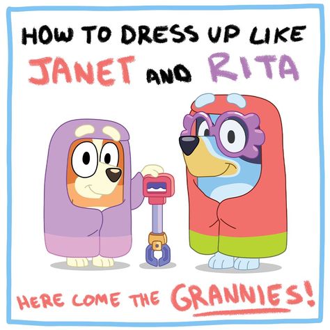 Grannies dress-up guide - Bluey Official Website Bluey Grannies Costume Crochet, Bluey Grannies Crochet, Grannies Bluey Bingo, Janet And Rita Bluey Costume, Bluey Grannies Printable, Bluey Grannies Costume, Bluey And Bingo Costume, Bluey Costume, Granny Costume