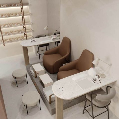 Japanese Nail Salon Interior, Nails Saloon Decor Interior Design, Home Salon Set Up, Nail Lounge Interior, Nail Salon Decor Minimalist, Bohemian Nail Salon, Small Beauty Salon Design, Tiny Nail Salon, Pedicure Interior