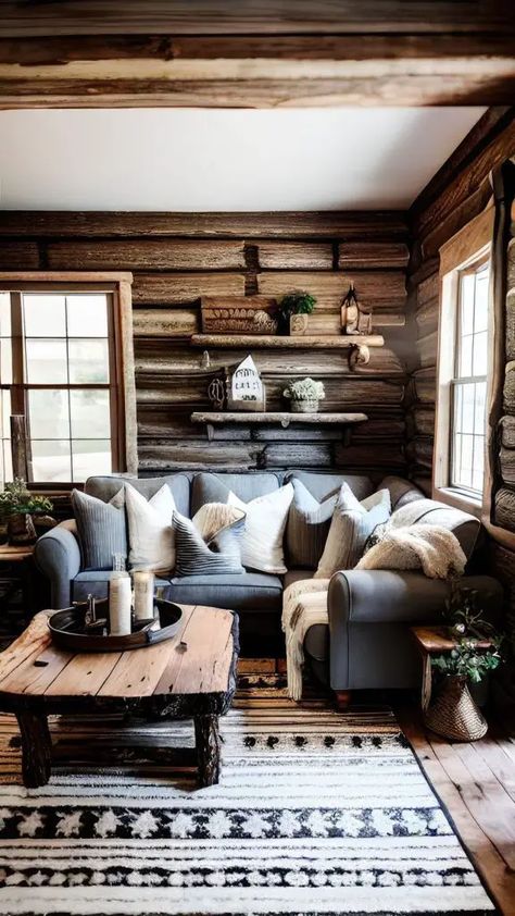 Cabin Artwork Ideas, Cabin Home Decor Living Room, Farmhouse Log Cabin Interior, Hand Hewn Log Cabin Interior, Lodge Cabin Living Room, Cabin Couch Ideas, Small Log Cabin Homes Interior Decor, Mountain Cabin Decor Lodge Style Bedrooms, Log Cabin Home Decor