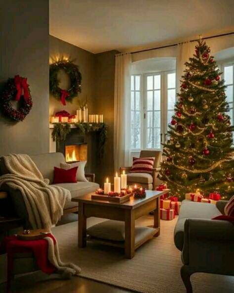 Christmas Decor Ideas For Living Room Traditional, Warm Christmas Decor, Cozy Christmas Living Room, Cozy Christmas Decor, Christmas Apartment, Relaxing Space, Christmas Fireplace Decor, Christmas Decor Inspiration, Christmas Decorations Living Room