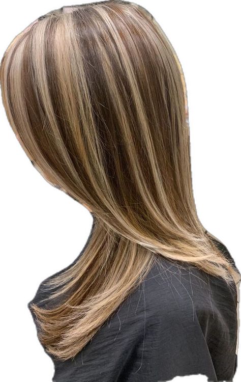 Layered Dark Brown Hair, Highlight Hair Ideas, Flipped Bob, Chunky Highlight, Red And Blonde Highlights, Thin Highlights, Thick Highlights, Indie Hairstyle, Chunky Blonde Highlights