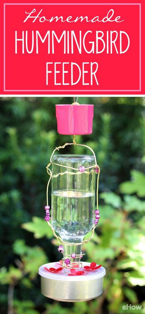 Your garden, patio or front porch needs this! Made with a used glass bottle and other household materials, it's easy and inexpensive to assemble. There's even an "ant moat" to keep ants away from the sugar water in the feeder reservoir.  DIY: http://www.ehow.com/how_5176840_make-homemade-hummingbird-feeder.html?utm_source=pinterest.com&utm_medium=referral&utm_content=freestyle&utm_campaign=fanpage Sugar Water For Hummingbirds, Homemade Hummingbird Feeder, Homemade Hummingbird Nectar, Hummingbird Nectar Recipe, Diy Hummingbird Feeder, Ant Moat, Hummingbird Food, Hummingbird Nectar, Bird House Kits