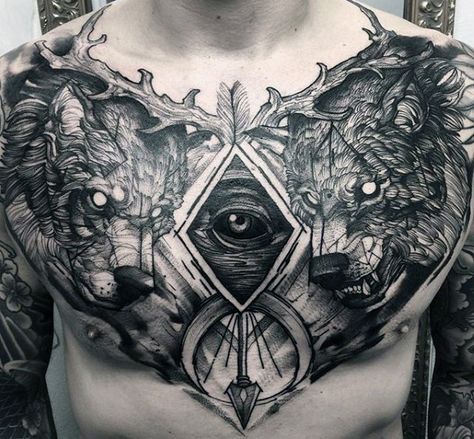 Manly Design, Tato Dada, Cool Chest Tattoos, Pieces Tattoo, Wolf Tattoo Design, Sweet Tattoos, Chest Piece Tattoos, Chest Tattoo Men, Trash Polka