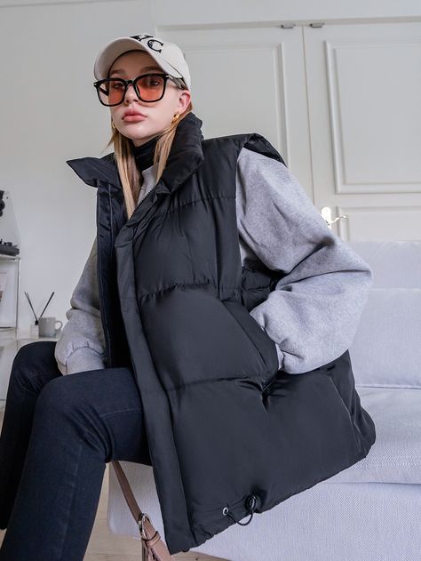 Black Casual  Sleeveless Polyester Plain Puffer  Non-Stretch Winter Women Outerwear Sleeveless Puffer Jacket Outfit, Puffer Outfit, Puffer Vest Outfit, Vest Outfits For Women, Winter Mode Outfits, Puffer Jacket Outfit, Latina Outfits, Sleeveless Puffer, Black Puffer Vest