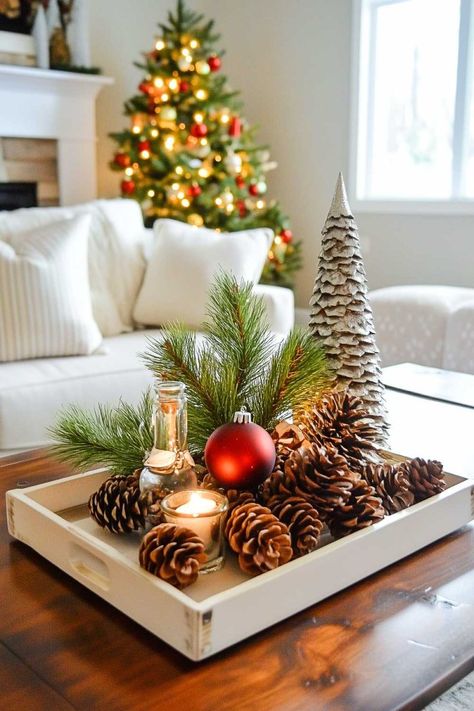 Pine Cone Christmas Decorations Table, Simple Christmas Centerpieces For Table, Simple Christmas Decorations Living Room, Ideas With Pine Cones, Christmas Coffee Table Decor Ideas, Festive Living Room, Christmas Coffee Table, Christmas Coffee Table Decor, Coffee Table Decor Ideas