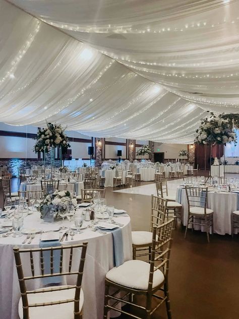 Wedding Hall Draping Ceiling Decor, Hall Draping Wedding, White Draped Walls Wedding, Reception Draping Ideas, Hanging Tulle From Ceiling, Ballroom Ceiling Decorations, Wedding Ceiling Draping With Lights, Tulle Draping Wedding Ceiling Decor, Wedding Drapery Ideas Ceilings