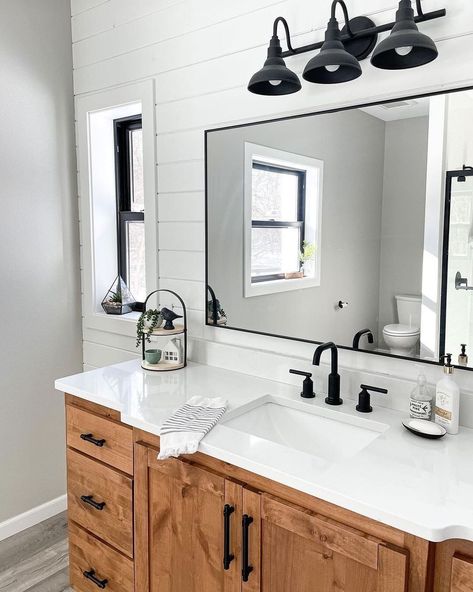 Farmhouse Fanatics on Instagram: “Who else loves the way @farmhouseonboone designed her #masterbathroom? 😍 The vanity and the mirror are my favs 💕 . Use #farmhousefanatics…” All White Bathroom, Boy Bath, Condo Remodel, Black Faucet, White Vanity Bathroom, Sweet Home Alabama, White Vanity, Bathroom Update, Bathroom Renos