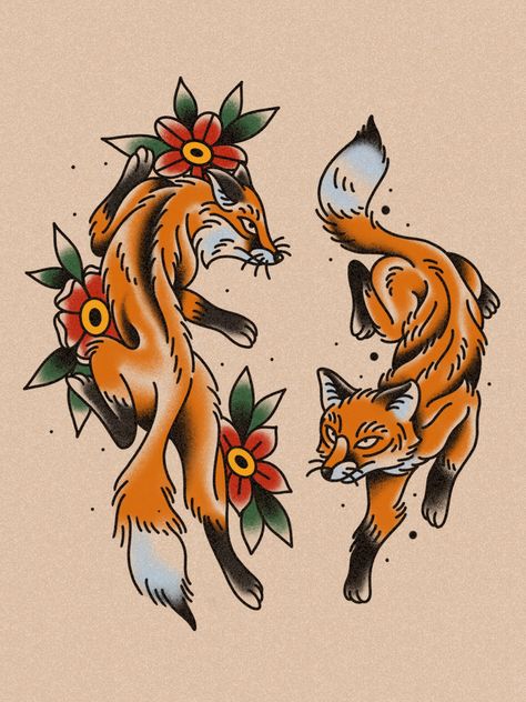 American Traditional Fox Tattoo Old School Fox Tattoo, Traditional Symmetrical Tattoo, Fox Flash Tattoo, Tulip Tattoo Stencil, American Traditional Fox Tattoo, Fox And Rabbit Tattoo, Traditional Raccoon Tattoo, Flash Art Traditional, Tattoo Flash Art Traditional