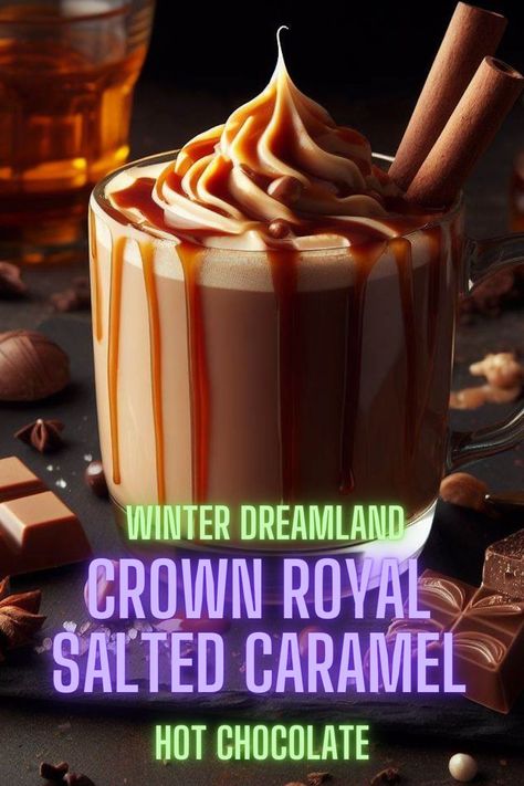 Indulge in the rich, holiday-inspired flavors of our Crown Royal Salted Caramel Dreamland Hot Chocolate recipe. A perfect holiday treat! Salted Crown Royal Recipes, Crown Royal Caramel Recipes, Salted Caramel Crown Royal Drinks Recipes, Salted Caramel Crown Royal, Crown Royal Salted Caramel, Salted Caramel Drinks, Crown Royal Recipes, Whiskey Drinks Recipes, Crown Royal Drinks