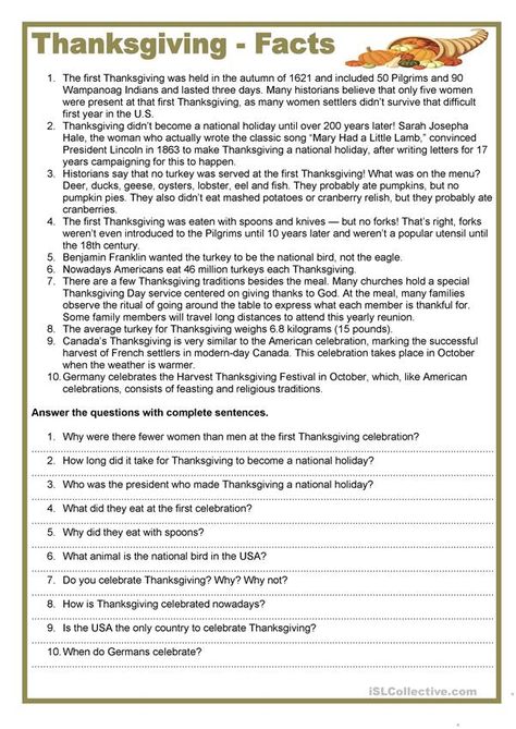 Thanksgiving - facts - English ESL Worksheets Thanksgiving Reading Comprehension Free, Thanksgiving Facts History, Facts About Thanksgiving, Thanksgiving Reading Comprehension, Thanksgiving Readings, Thanksgiving History, Thanksgiving Facts, Esl Reading, Thanksgiving Worksheets