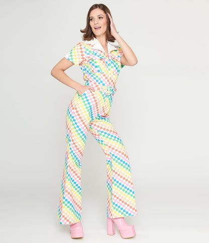 Smak Parlour 1970s Rainbow Check Flare Jumpsuit Rainbow Jumpsuit, Ms Frizzle, Austin Powers, Vintage Jumpsuit, Style Jumpsuit, 60s Style, Flare Jumpsuit, Bright Rainbow, Sale Outfit