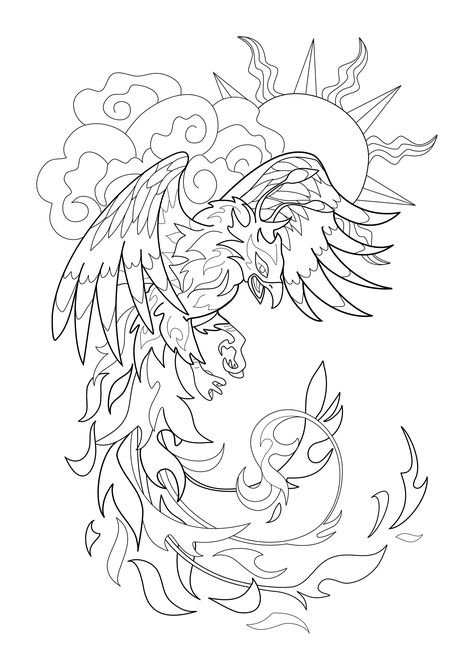 Coloring page : Phoenix and sun - Phoenix and sun. The phoenix shares the same symbolism of renewal as the sun: like the sun, which seems to burn in fire at every sunset to then raise again on the following day, thus the phoenix is said to consume in her own fire to be then reborn from her ashes. It is a popular symbol for tattoos, as it represents a period of struggle that leads to a new beginning, a rebirth that blooms past adversities, bringing a new start and a new life... Phoenix Coloring Pages, Phoenix Drawing, Sun Coloring Pages, Fly Drawing, Tattoo Coloring Book, Phoenix Tattoo Design, Tattoo Outline Drawing, Japanese Dragon Tattoos, Phoenix Art