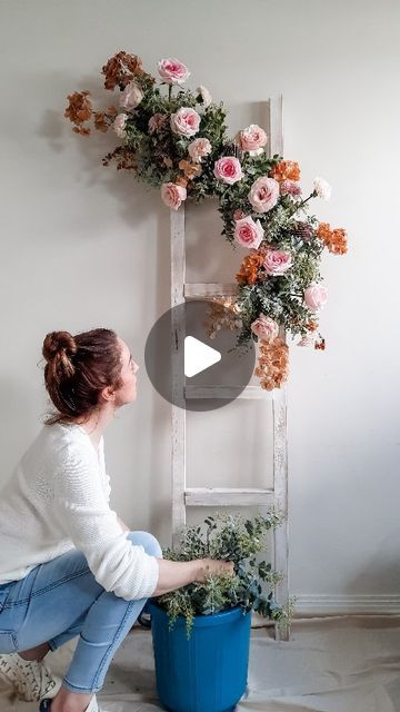 Tess | Perth Florist | Two cool things about this ladder install:  1. Environmentally conscious made without floral foam 🌎  - Reusable mechanics of chicken wire &... | Instagram Florist Booth Bridal Show, Chicken Wire Floral Arrangements, Flower Shop Layout, Chicken Wire Floral Installation, Wall Floral Arrangements, Dried Bougainvillea, Floral Mechanics, Table Seating Plan, Diy Floral Decor