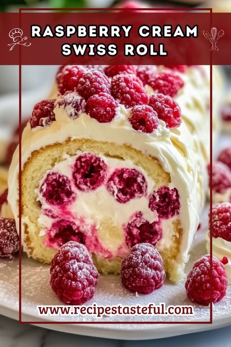 A light and fluffy sponge cake filled with whipped cream and fresh raspberries, this Raspberry Cream Swiss Roll is a delightful dessert that’s perfect for any occasion. Rolled Cake, Swiss Roll Recipe, Fluffy Sponge Cake, Making Desserts, Swiss Roll Cakes, Swiss Cake, Sponge Cake Filling, Roll Cakes, Swiss Roll Cake